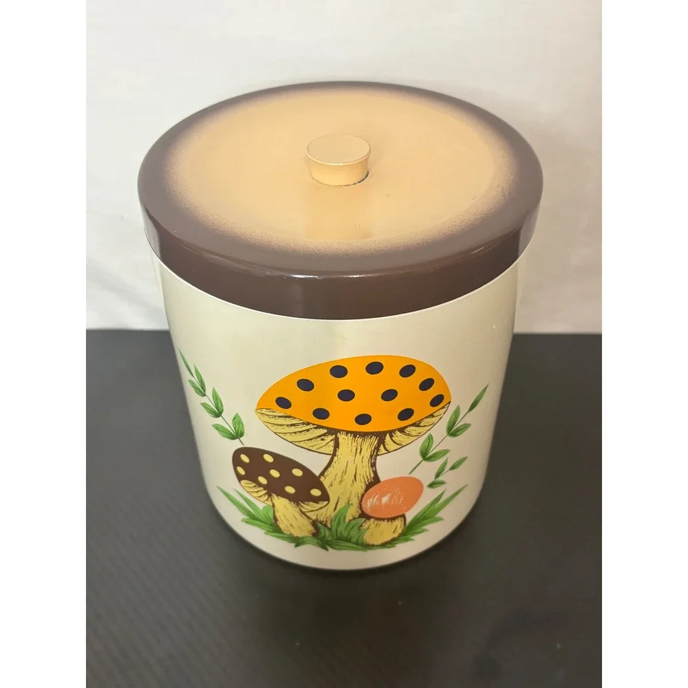 Vintage Mushroom Metal Canister Retro 70s Kitchen Storage Tin Made in Japan 6in